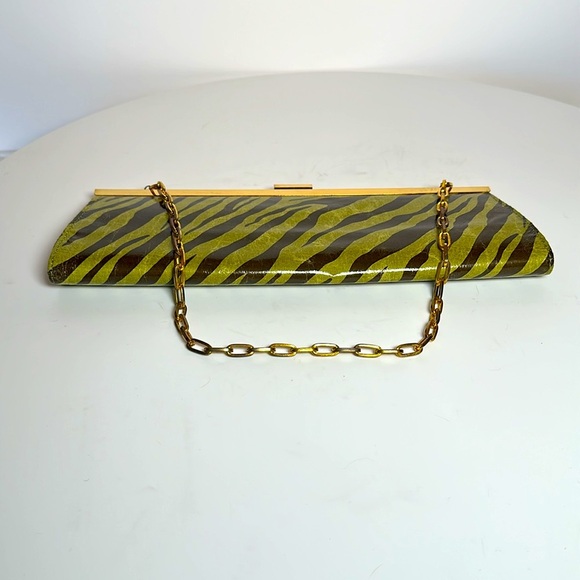 VINTAGE green tiger stripe clutch handbag hand painted canvas with gold chain - Picture 4 of 12